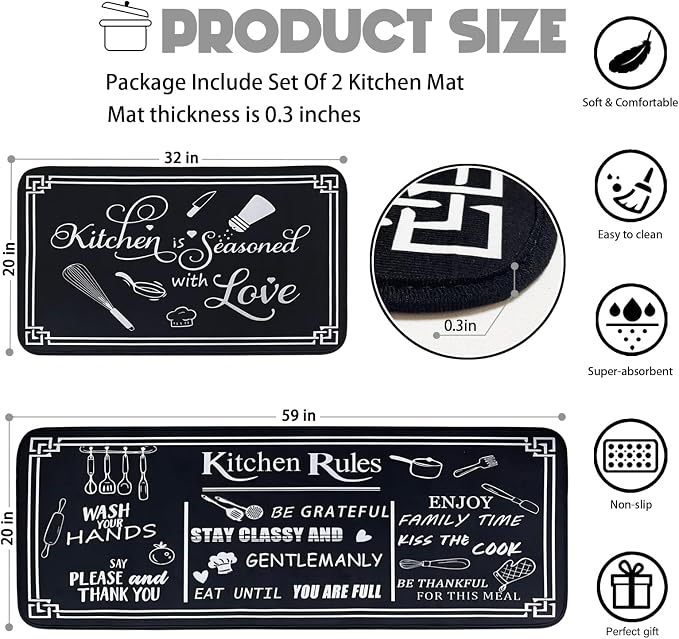 Kitchen Rug Sets of 2 Piece Non Slip Kitchen Rugs and Mats Washable Kitchen Mats for Floor Kitchen Carpet Runner Rugs Decor for Laundry Bathroom Living Room,Black Kitchen Rules 20"x 59"+20"x 32"