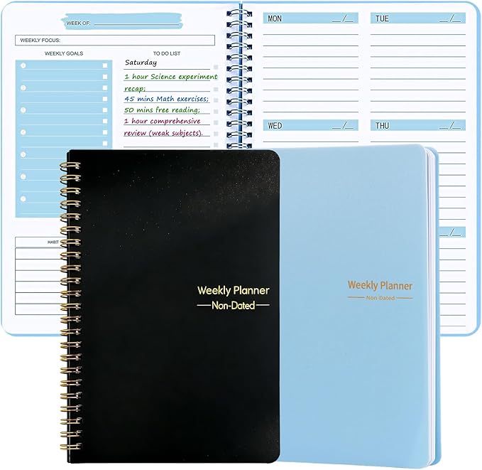 2PCS Undated Weekly Planner with Goal Habit Tracker Notebook, Small A5 To Do List Planners Spiral Binding Personal Goal Journal Non Dated Weekly Planner Simple Agenda Planners for Work Kids School