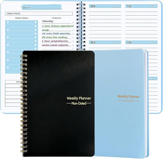 2PCS Undated Weekly Planner with Goal Habit Tracker Notebook, Small A5 To Do List Planners Spiral Binding Personal Goal Journal Non Dated Weekly Planner Simple Agenda Planners for Work Kids School