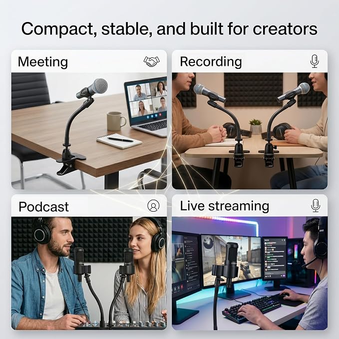 ROCKFREE Microphone Stand with 360° Rotating Base,Heavy-Duty Desk Clamp,8" Flexible Gooseneck Mic Mount,Includes 1/4" to 3/8" & 5/8" Metal Adapters for Shure,Fifine,HyperX,AT2020,Blue Snowball,Razer