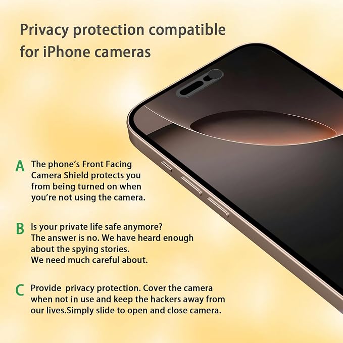 Front Camera Cover Compatible for iPhone 16/16Plus/16Pro/16Pro Max/15/15Plus/15Pro/15Pro Max/14Pro/14Pro Max,Webcam Cover Protect Privacy and Security,Not Affect Face ID, 2 Pack-Black