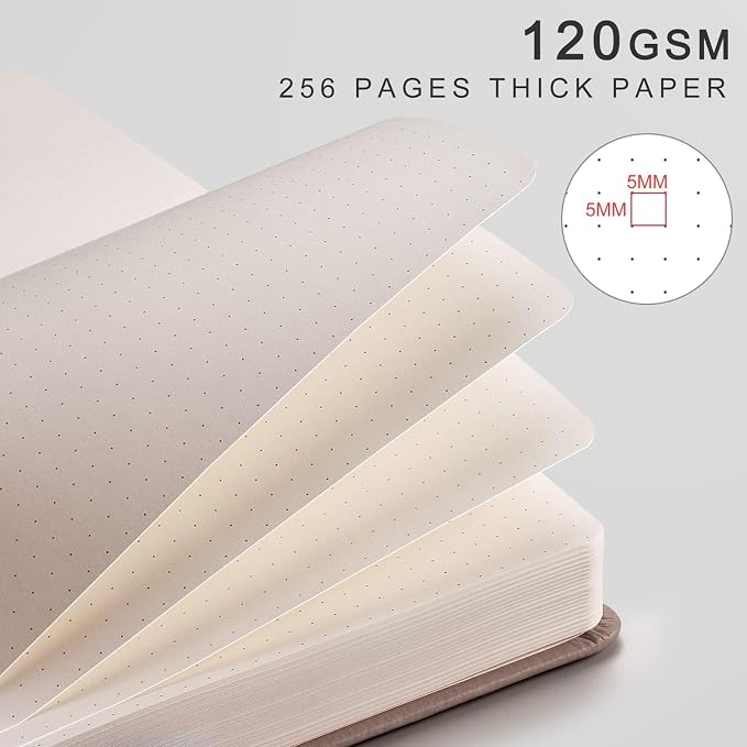 EMSHOI Dotted Journal Notebook, 256 Pages, 120 GSM Thick Paper, A5 Small 5.75"x8.38", PU Leather Hardcover, 5mm Dot Grid Notebook for Journaling, Planning, Drawing, Writing, Khaki