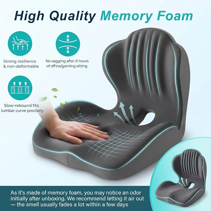 Ergonomic Seat Cushion with Lumbar Support (Grey) | Office Chair Seat Cushion, Memory Foam Orthopedic Cushion with Tailbone Hollow, Sciatica & Back Pain Relief for Long Sitting