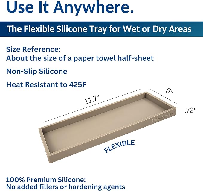 Silicone Countertop & Vanity Tray – 11.7” Bathroom Counter Tray | Bathroom Tray, Bathroom Tray Countertop, Tray for Bathroom Counter, Silicone Kitchen Tray for Counter & Countertop Organizer