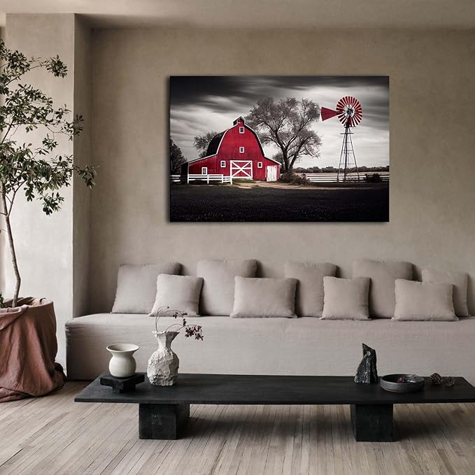 Country Barn Picture Wall Decor Rural Red Windmills Canvas Wall Art for Living Room Kitchen Retro Farmhouse Black and White Landscape Painting Rustic Western Posters Cabin Home Decorations 32x48"