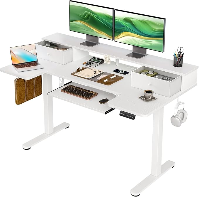 OffiGo U Shaped Electric Standing Desk with Drawers, 55 Inch Height Adjustable Desk with Keyboard Tray ＆ Ergonomic Monitor Stand, Sit Stand Table with Power Outlets for Home, Office, White
