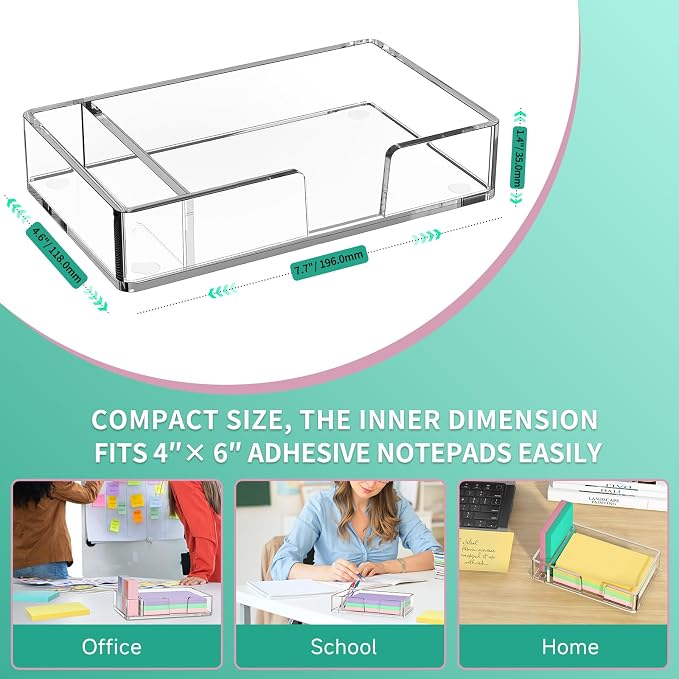 Sticky Note Holder with Pen Slot, Crystal Clear Acrylic Notepad Holder 4x6 in Self-Stick Note Dispenser Office Desk Accessories, Memo Pad Holder Organizer for Classroom School Supplies