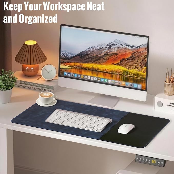 HAUTOCO Cork Desk Mat 31.5"x15.7", Distressed PU Leather & Cloth Desk Pad | Waterproof, Non-Slip, Stitched Edges, Royal Blue Large Gaming Mouse Pad, Laptop Blotter & Desk Protector for Office and Home