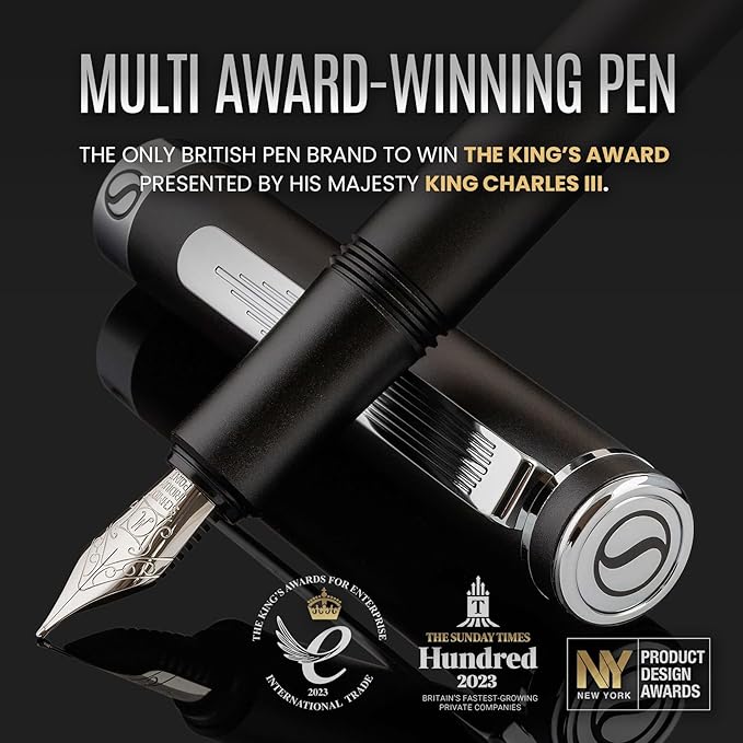 Scriveiner Luxury EDC Fountain Pen (Fine), Stunning Matt Black Pocket Pen, Chrome Finish, Schmidt German Nib, Converter, Best Writing Pen Gift Set for Men & Women, Nice Fancy Office Designer Pen