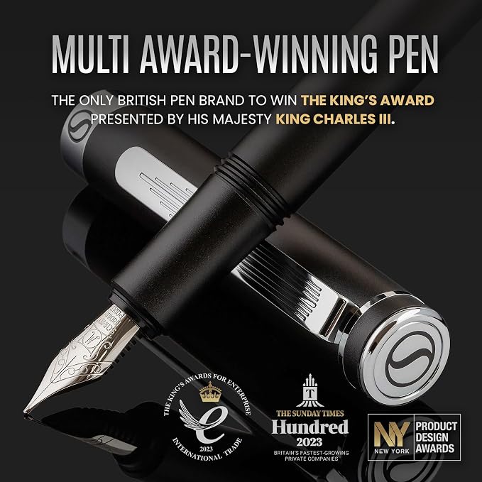Scriveiner Luxury EDC Fountain Pen (Fine), Stunning Matt Black Pocket Pen, Chrome Finish, Schmidt German Nib, Converter, Best Writing Pen Gift Set for Men & Women, Nice Fancy Office Designer Pen
