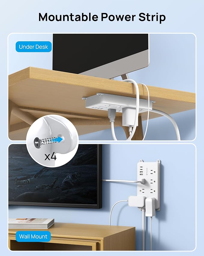 TROND Surge Protector Power Strip 10ft, ETL Listed, Flat Plug Long Extension Cord with 2 USB A and 2 USB C, 7 Widely-Spaced Outlets, Wall Mountable, 1700 Joules, White