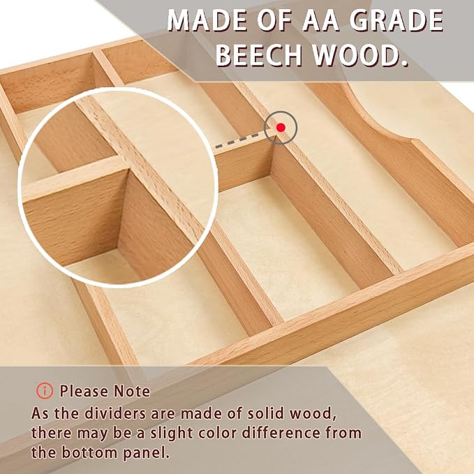 Silverware Drawer Organizer - Trim-to-Fit with Adjustable Dividers for Kitchen Utensil Storage, Beech Wood Frame with 11 Sizes (20.63" W x 22" D)