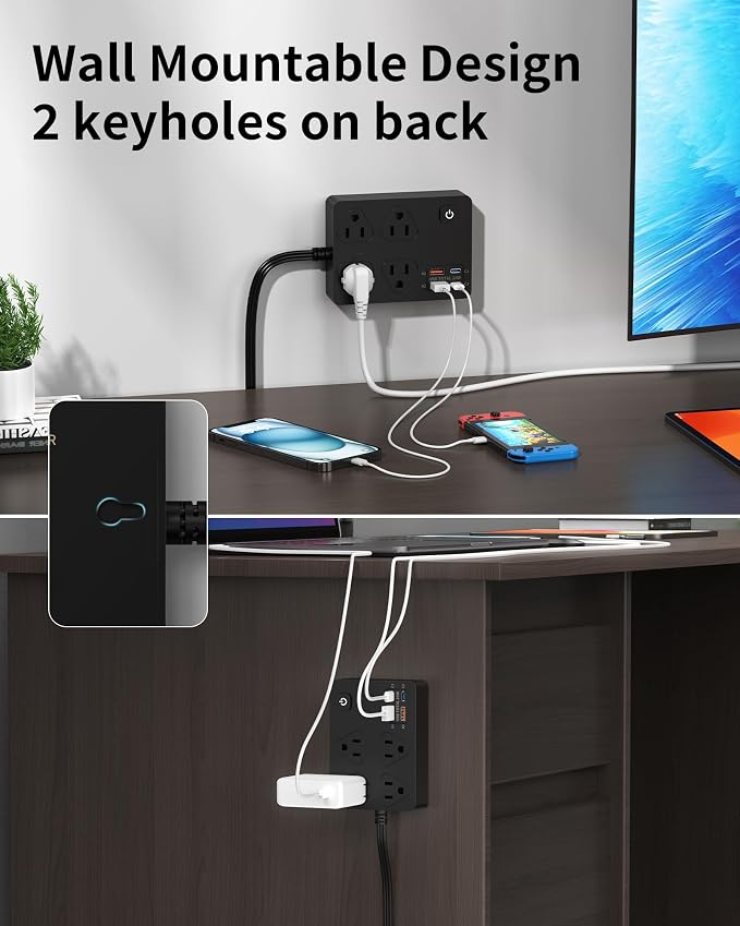 Power Strip Flat Plug with 4 AC Outlets 4 USB Ports (20W), Surge Protector Charging Station with Overload Protection, 6Ft Flat Plug Extension Cord, Fast Charging for Office Dorm Room