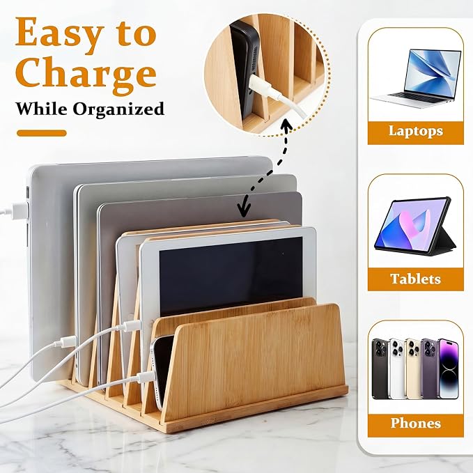 Unittype Bamboo Multi Device Organizer, 6 Slots Vertical Laptop Storage Rack, Computer Charging Station for Smartphones, Tablets and Laptops, Space Saving Organizer for Home Office
