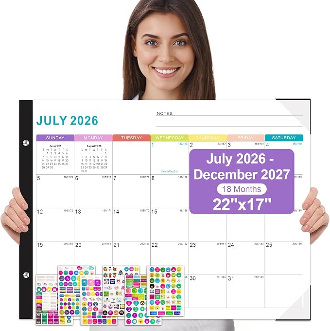 Gannyfer Desk Calendar 2026-2027, 18-Month July 2026-Dec 2027, 22" x 17" Large Yearly Desktop Calendar, with Plastic Cover, Corner Protectors, for Office, Home and School (6 Stickers Included)