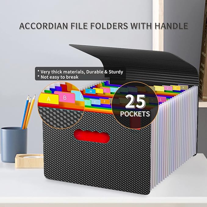 Expanding File Folders,25 Pockets Accordion File Organizer,Expandable Filing Folder with Handle,Portable File Box for Receipt,Bill,Paper,A4/Letter Size,2 Adjustable Straps,Diamond
