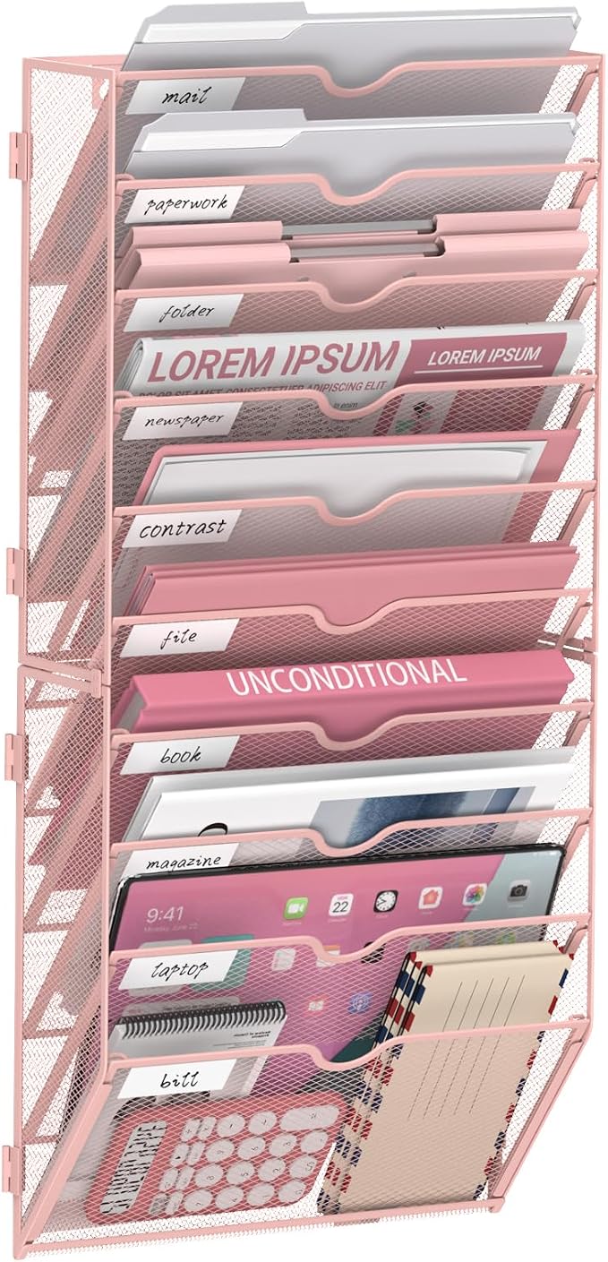 14 Tier Wall Hanging File Organizer, Paper Folder Holder Wall Mounted, Metal Mail Sorter for Office Home School, Pink