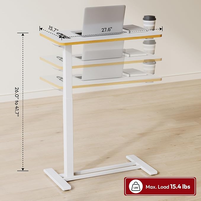 SANODESK 28''Mobile Standing Desk with Hidden Wheels,Pneumatic Laptop Desk | Computer Cart Movable Height Adjustable Table Small Sit Stand Desk for Home Office Hospital Use,27.6" W x 15.7" D,White Maple