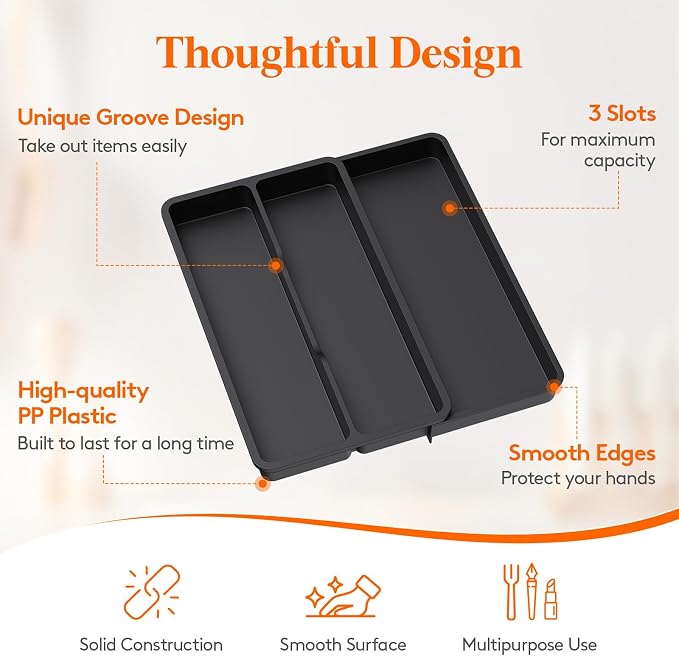 Lifewit Utensil Organizer for Kitchen Drawer, Expandable Cooking Silverware Tray, Adjustable Cutlery Flatware Holder, Plastic Spatula Tools Storage Divider, 14.4 x 15.8", Black