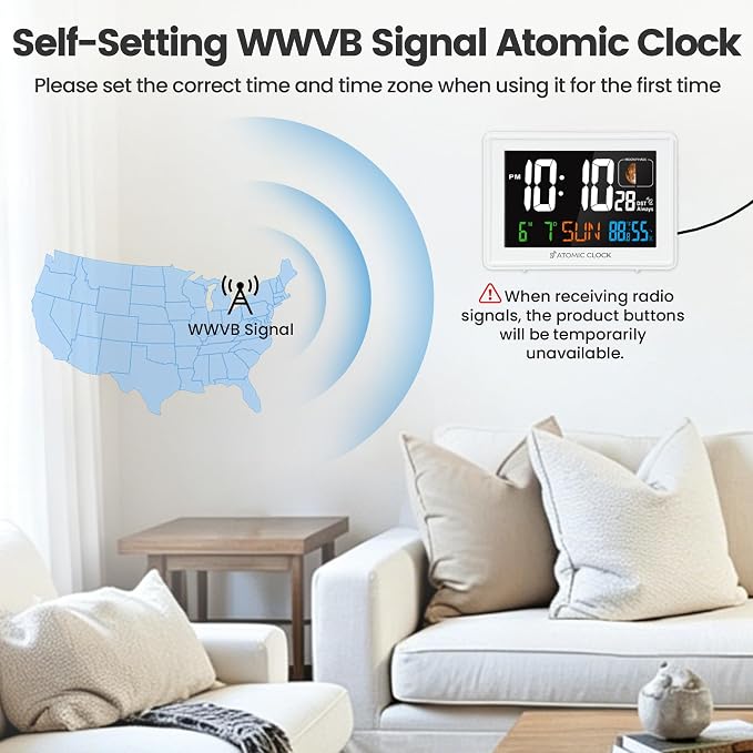 Digital Atomic Alarm Clocks for Bedrooms Battery Backup | Color Display, Self-Setting Clock, Auto DST, Indoor Temperature Humidity, Moon Phase, Calendar, Time, Day of Week, White