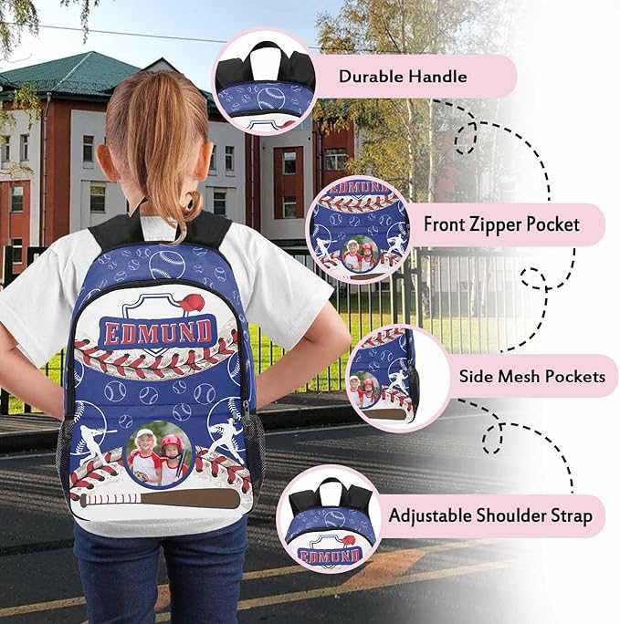 Personalized Baseball Backpack with Name Back to School Supplies Bookbag for Kids Boys Custom Football Basketball Player Schoolbag and Water Bottle Cup&Pencil Pouch School Backpacks with Lunch Box Set