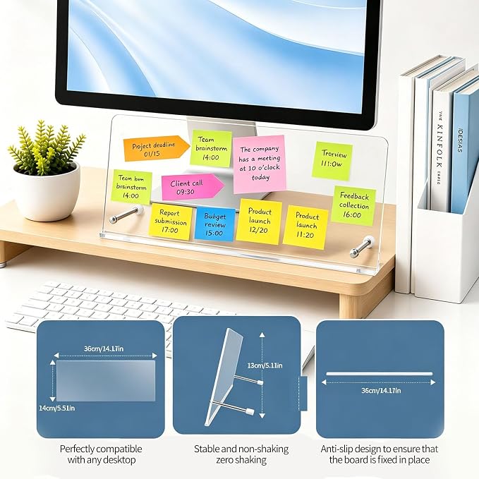 Monitor Memo Board Holder – 14"x5.5"Sticky Note for Desktop Office | Glue-Free, Acrylic Clear Portable, Movable & Reusable, Computer Screen Saver, Monitor Sticky Note Holder for Home Decor
