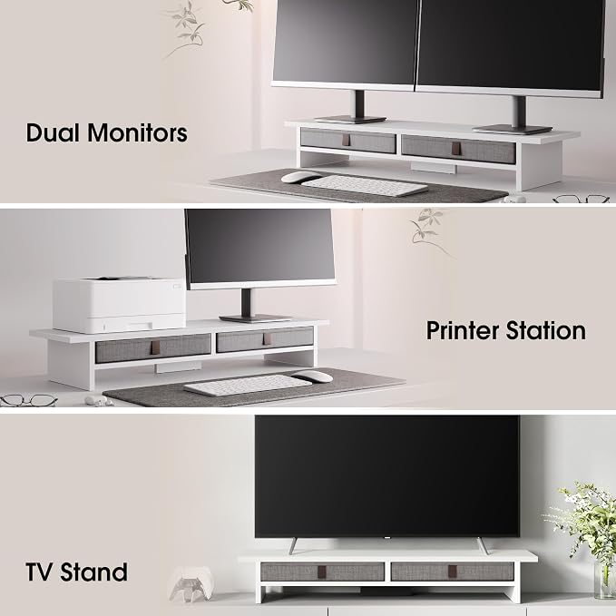 Fenge 35 Inch Monitor Stand with Drawer Storage, Computer Riser for Desk | Wooden Computer Shelf, 2 Tiers, for Dual Monitor/Laptop/PC/TV/Printer up to 55Lbs, Home Office Desk Organizer