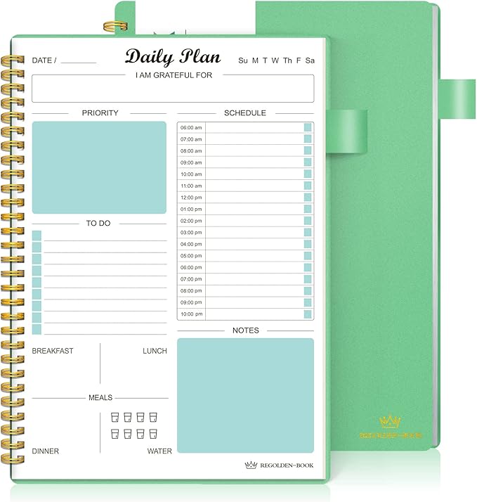 Daily Planner Undated, To Do List Notebook with Hourly Schedule Calendars Meal, Spiral Appointment Organizers Notebook for Man/Women, Pocket,Pen Loop, 160 Pages (7x10")