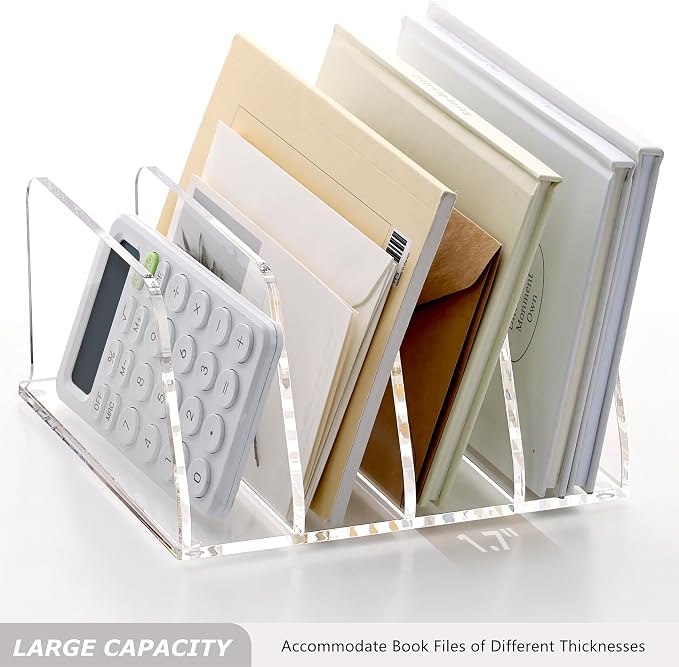 SANRUI Acrylic Desk Mails File Sorter Clear Letter Organizer Holder,4 Slot | Vertical File Folder Rack,Notebook Magazine Desktop Binder Mails Storage Bookshelf Upright Divider for Home Office School
