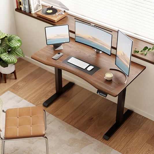 Solid Wood Electric Standing Desk 47.2"x23.6"Home Office Desk,Adjustable Workbench with 3 Stages Single Motor, Computer Workstation with T-Shaped Metal Bracket,Walnut Standing Desk for Gaming(1 Box)