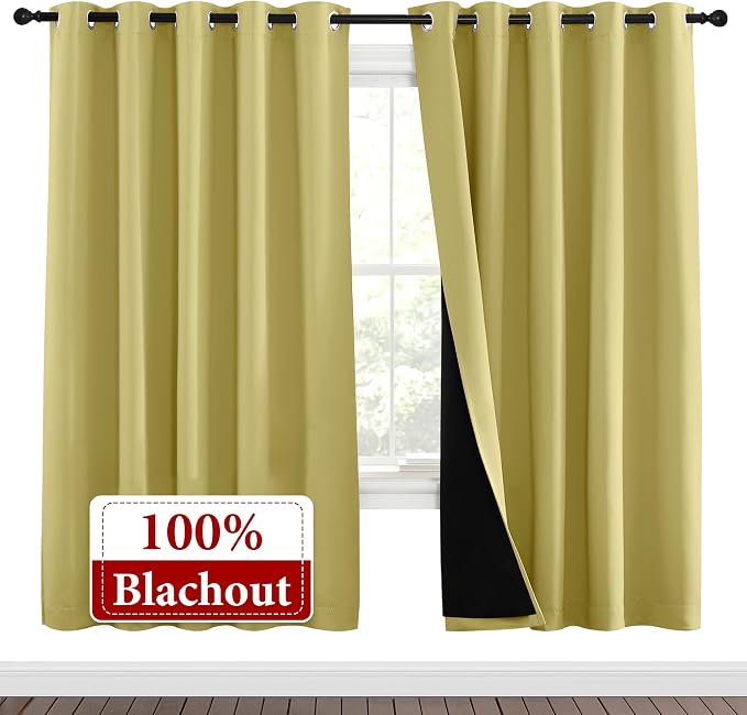 NICETOWN Paler Yellow Full Shade Curtain Panels, Pair of Energy Smart & Noise Blocking Out Blackout Drapes for Dining Room Window, Thermal Insulated Guest Room Lined Window Dressing(70 x 72 inch)