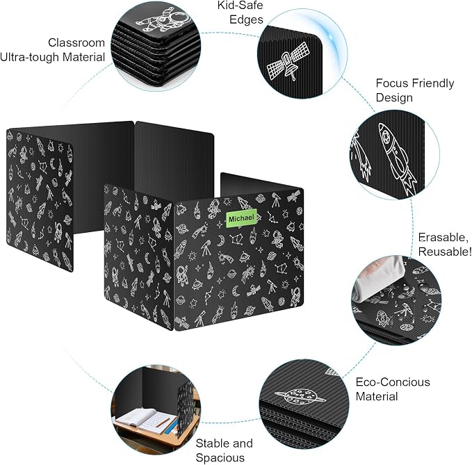 Black 6-Pack Desk Dividers for Students, Space Style Plastic Study Carrel Divider, Durable Testing Dividers for Classroom Teacher Supplies, Easy to Clean Privacy Shield Folder Boards for Student Desk