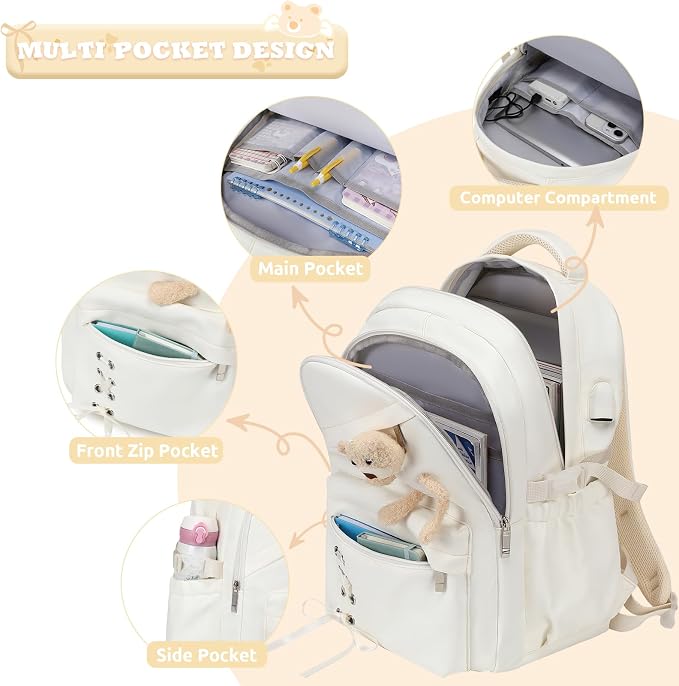 ACESAK Backpack for Girls with Insulated Water Bottle - 4 PCS Cute Girls Backpack with Lunch Box, Pencil Case & Kids Cup Set - 14oz Kids Water Bottle with Straw Set Back to School Supplies (Beige)