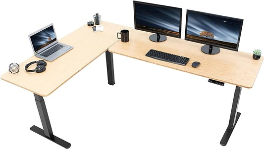 VIVO Electric Height Adjustable 83 x 60 inch Corner Stand Up Desk, 2 Solid Bamboo Table Tops, Black Frame, Memory Controller, L-Shaped Workstation, 3E Series, DESK-KIT-3E8BO