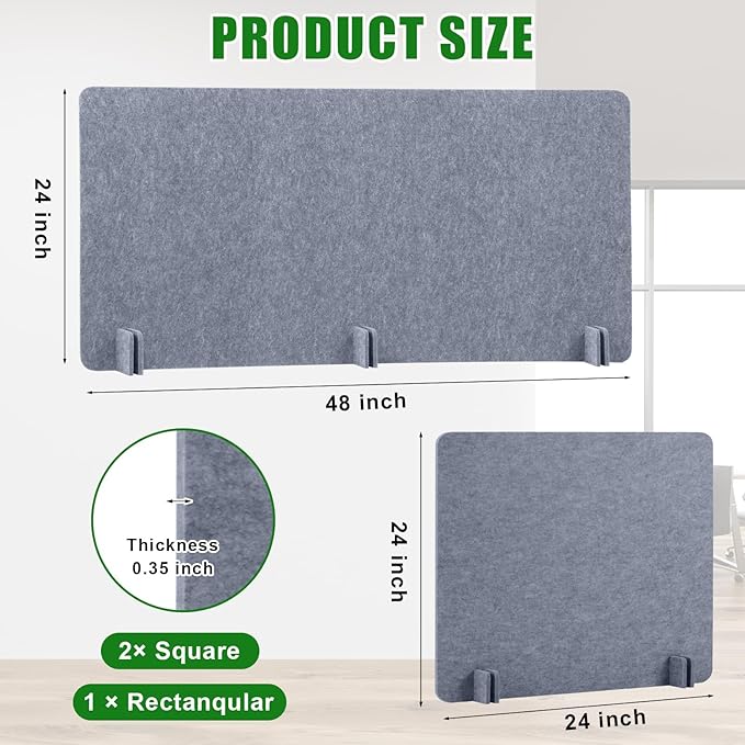 Buryeah 3 Pcs Desk Divider Desk Partition 23.6 x 47.2, 23.6 x 23.6 Stand up Freestanding Cubicle Privacy Panel Reducing Noise Visual Distraction Divider for Office Home School(Gray)