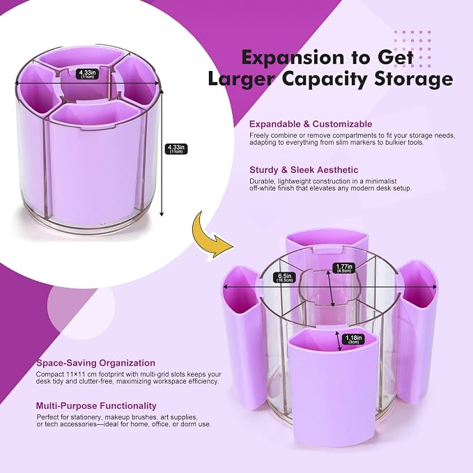 Comix 360° Rotating Pen Holder for Desk, Purple Pencil Holder with 5 Slots | Expandable Capacity, Acrylic Pen Organizer Easy to Clean, Cute Pencil Cup for Home School Office Art Supplies