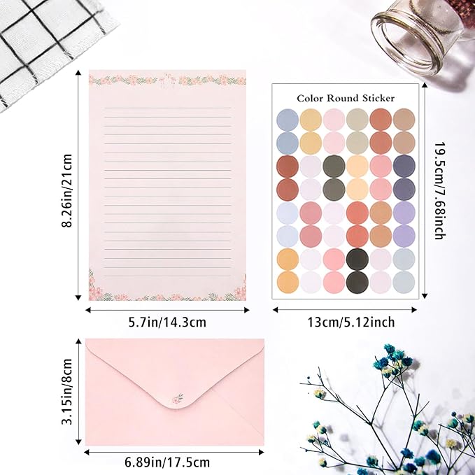 55 Pcs Stationery Paper Envelopes Set Includes 36 Lined Writing Stationery Paper & 18 Envelopes with 48 Round Dot Stickers, Cute Animal Letter Writing Stationary Paper Envelopes (6 Style)