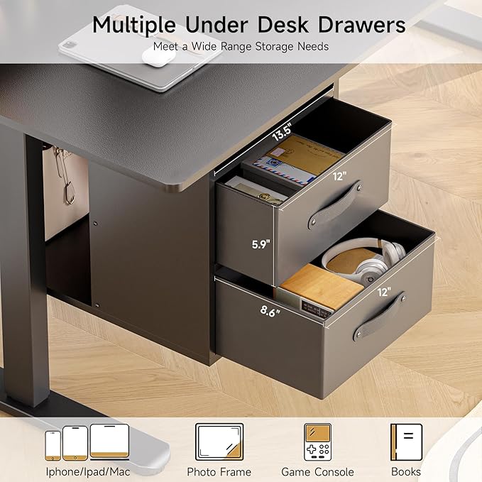 ONBRILL Standing Desk with Drawers, 63x24 Inch Electric Stand Up Desk with 3 Drawers and Open Storage Shelf, Adjustable Height 28-46 Inches for Home and Computer Workstation, Black