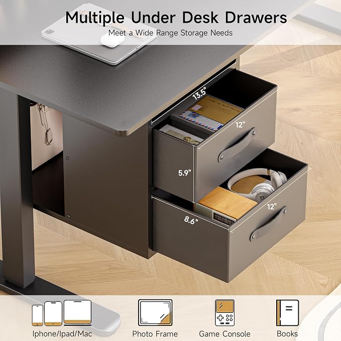 ONBRILL Standing Desk with Drawers, 55x24 Inch Electric Stand Up Desk with 3 Drawers and Open Storage Shelf, Adjustable Height 28-46 Inches for Home and Computer Workstation, Black