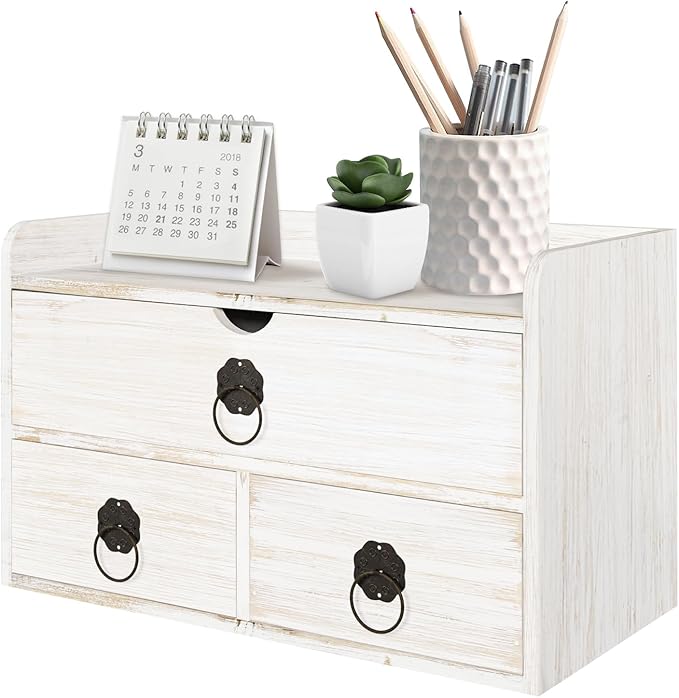 Wood Desk Organizer with Drawer, White Wooden Desktop Organizer, Tabletop Storage Organization Box for Countertop, Home Office Supplies (3 Drawer and Shelf)