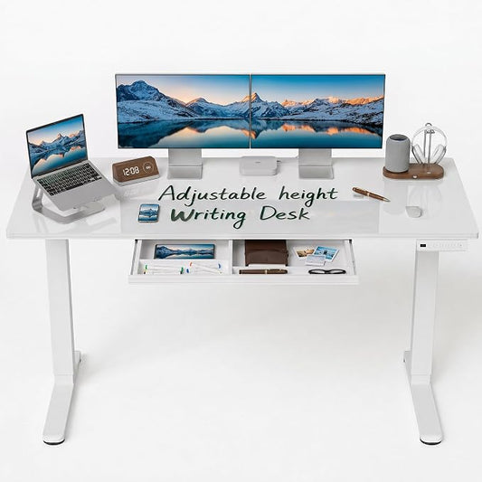 CubiCubi 55x24 Standing Desk with Glass Top, Height Adjustable Computer Desk with Drawer, One-piece Rising Home Office Desks with Positon Memory, Sit Stand Up Electric Workstation Table, White