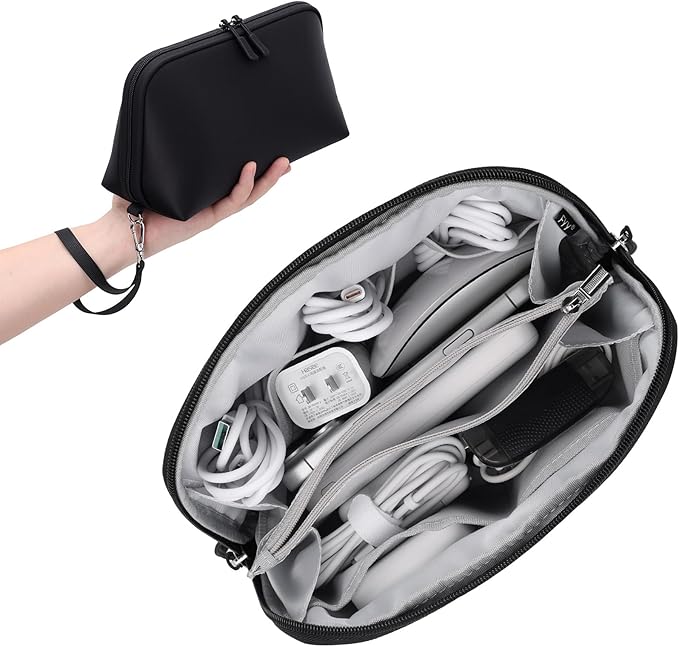 FYY Travel Cable Organizer - 8 Compartments Lightweight Water Resistant Tech Pouch with Wrist Strap, Portable Electronic Accessories Case for Cord Charger Storage for Travel Home Office Black (Large)