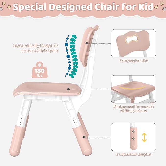 DOREROOM Adjustable Kids Table & 4 Chairs Set, 31.5" L x 23.6" W, Pink | Graffiti Desktop,Table Supports 300 lbs,Toddler Ages 2-8，FSC-certified, Children Activity Table for Daycare, Classroom, Home