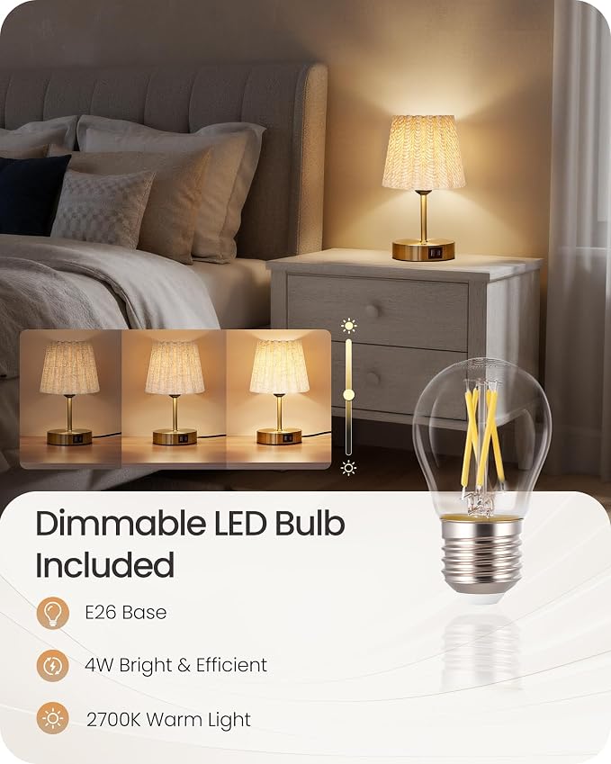 Small Bedside Table Lamp, Touch Dimmable Table Lamp with USB Ports, Nightstand Lamp with a Stepless Dimming LED Bulb, E26 Base, for Bedroom, Study, Desk, Gold and Beige DE16TL05