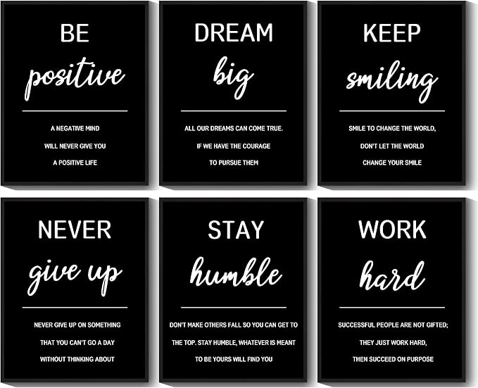 KUVIOKE Inspirational Framed Wall Art Motivational Quotes Wall Decor Encouraging Office Posters Sayings for Classroom Bedroom Living Room Ready to Hang Set of 6, 8x10in (Black Framed)