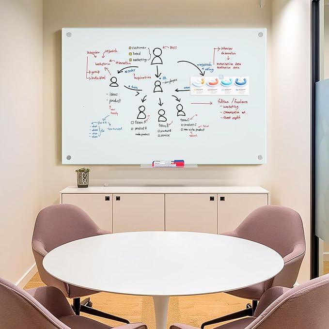 maxtek Magnetic Glass Dry Erase White Board, 48" x 36" Frameless Glass Board for Wall Mounted, Includes 5 Magnets, 3 Markers and 1 Eraser for Classroom Home, Office Supplies (White)