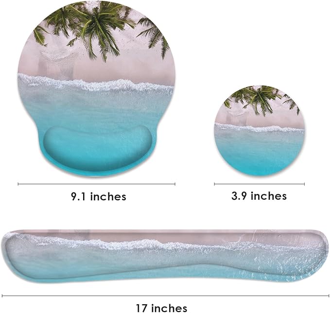 Britimes Blue Ocean Mouse Pad 3pcs Set with Wrist Support Non-Slip Rubber Base Ergonomic Pad,Summer Beach Mouse Wrist Cushion Support and Coasters for Home Office Gaming Easy Typing & Pain Relief
