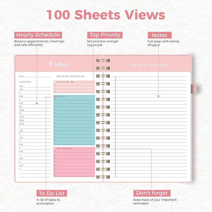 Oucaru Undated Daily Planner, 8.5"x11", A4 Size Spiral Notebook with Hourly Schedule, To Do List, Priorities, and Notes for Productivity - Easily Organize Your Tasks, Appointments & Goals for Women