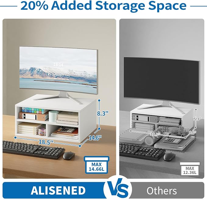 ALISENED Printer Stand for Desk, 2-Tier Wooden Desk Organizer with Adjustable Compartments, Heavy Duty Desktop Stand for Printer Scanner Monitor, Space Saving Office Organization and Storage, White