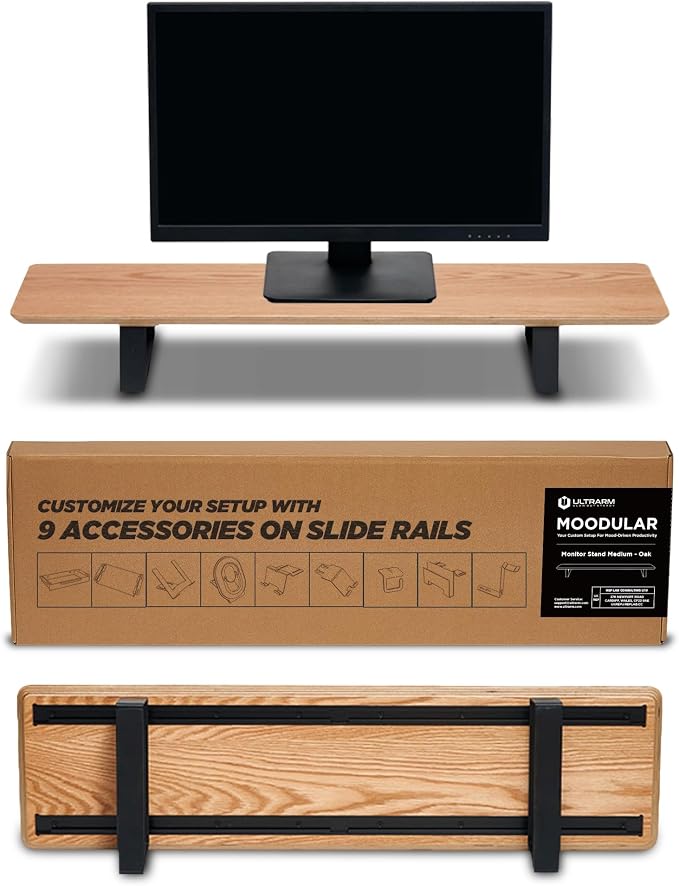 Moodular Wooden Monitor Stand Desk Organizer, Standard 33.4" Oak | Customizable Organized Workspace, Aluminum Slide Rails, 10 Add-Ons Sold Separately: Storage Drawer, Tablet, Phone & More